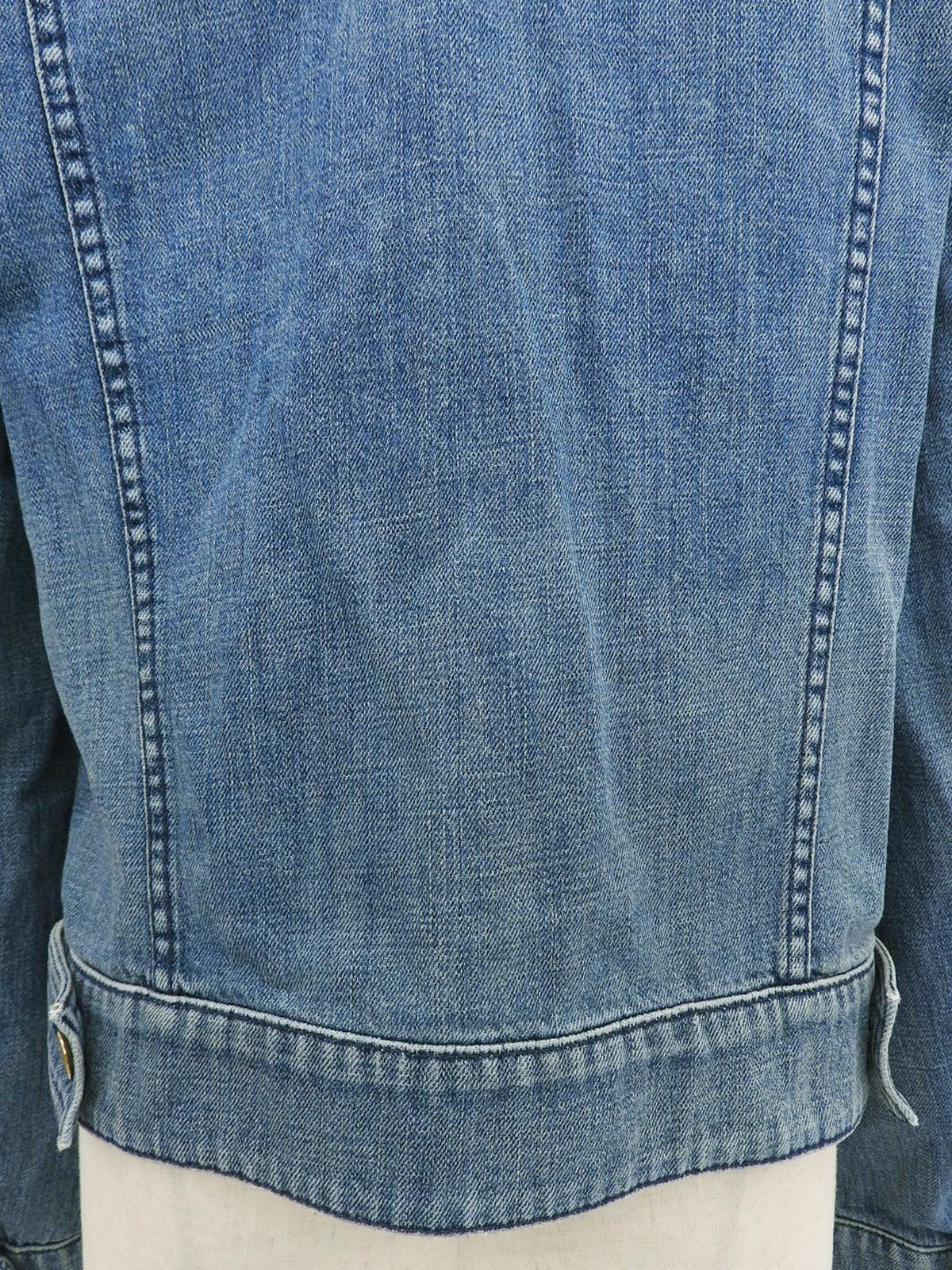 Denim monogram design collarless jacket in blue
