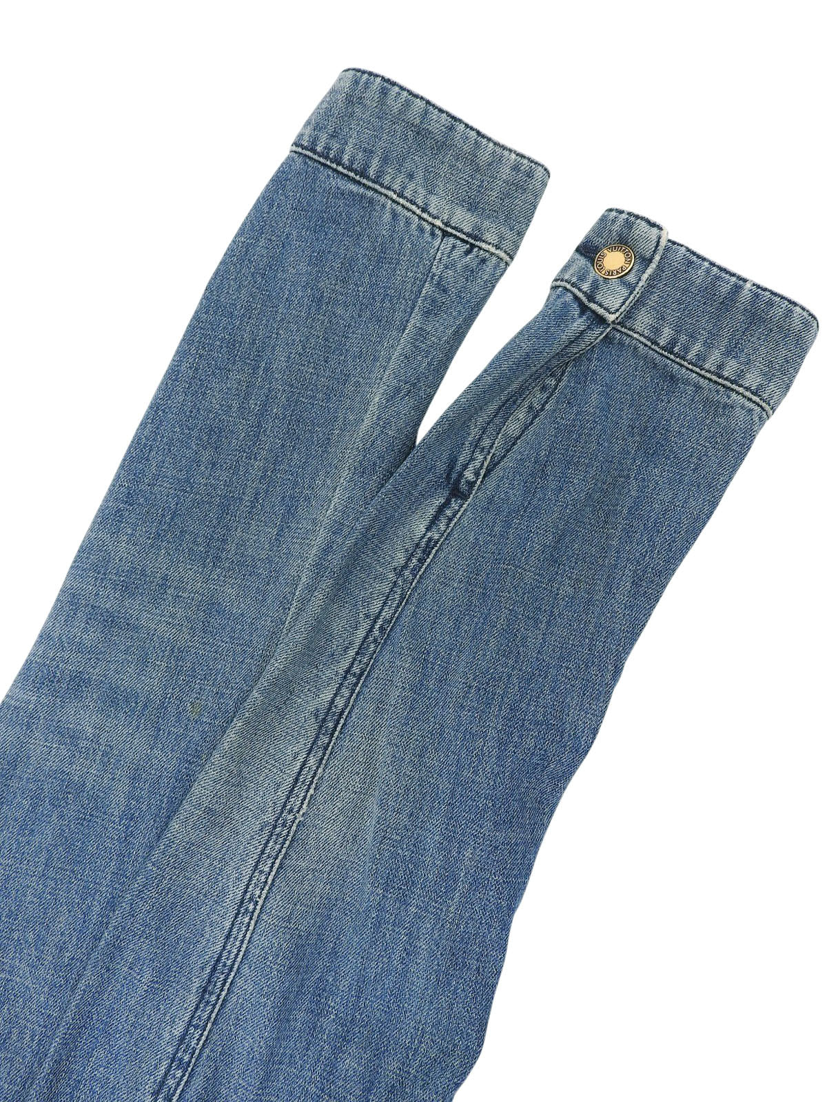 Denim monogram design collarless jacket in blue