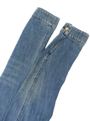 Denim monogram design collarless jacket in blue