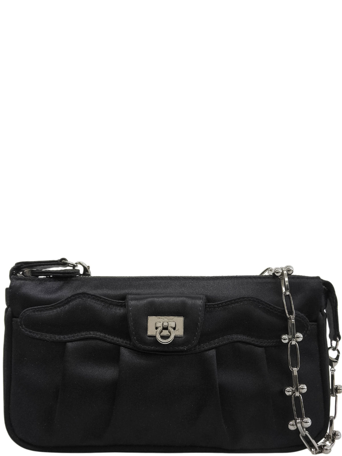 Satin Gancini Plate Chain Handbag, Black