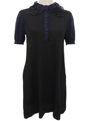 シルクフラワーモチーフ半袖シャツワンピース ブラック/ネイビー