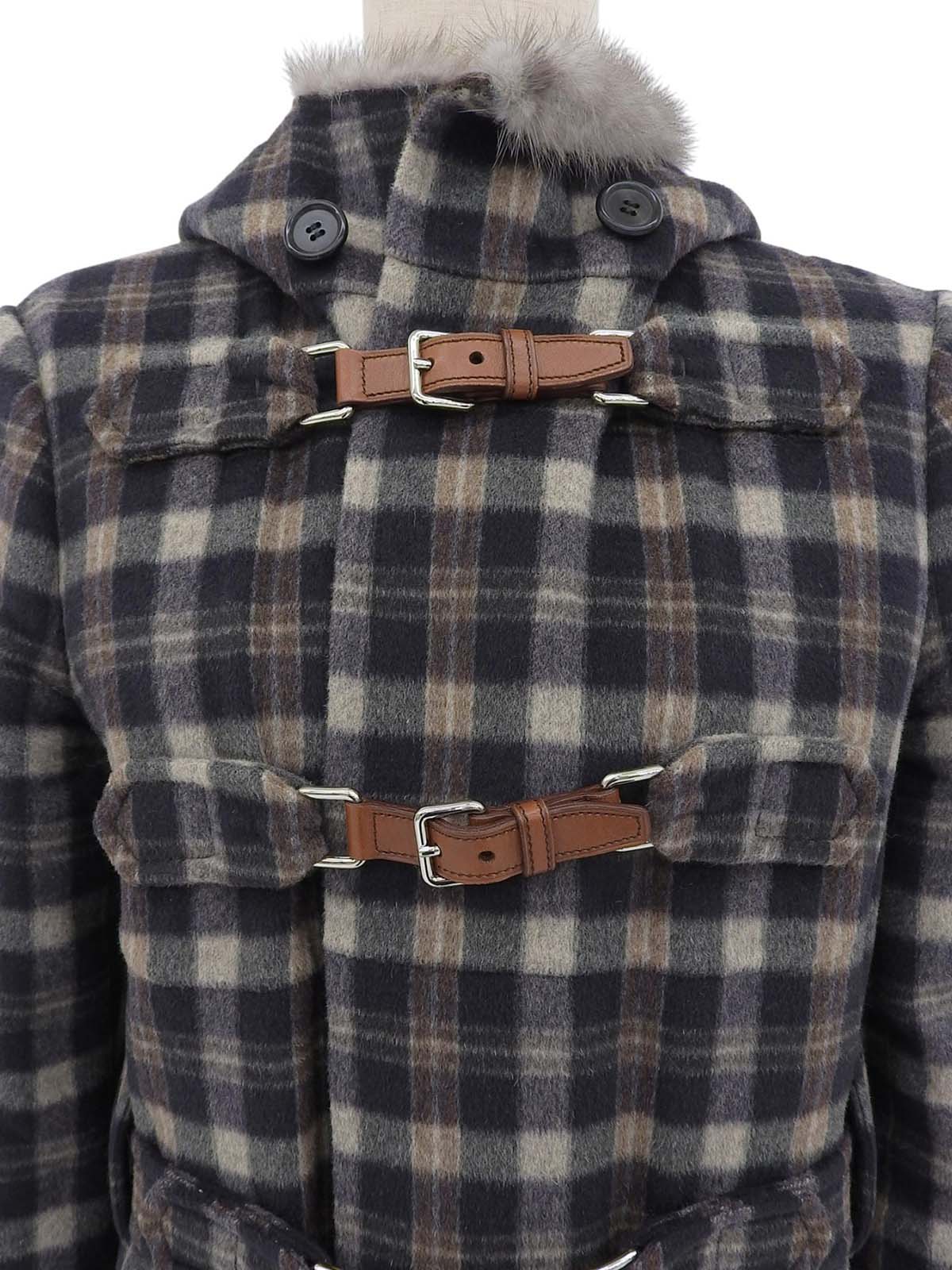 Mink fur trim check pattern duffle coat in navy/multi