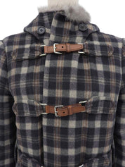 Mink fur trim check pattern duffle coat in navy/multi