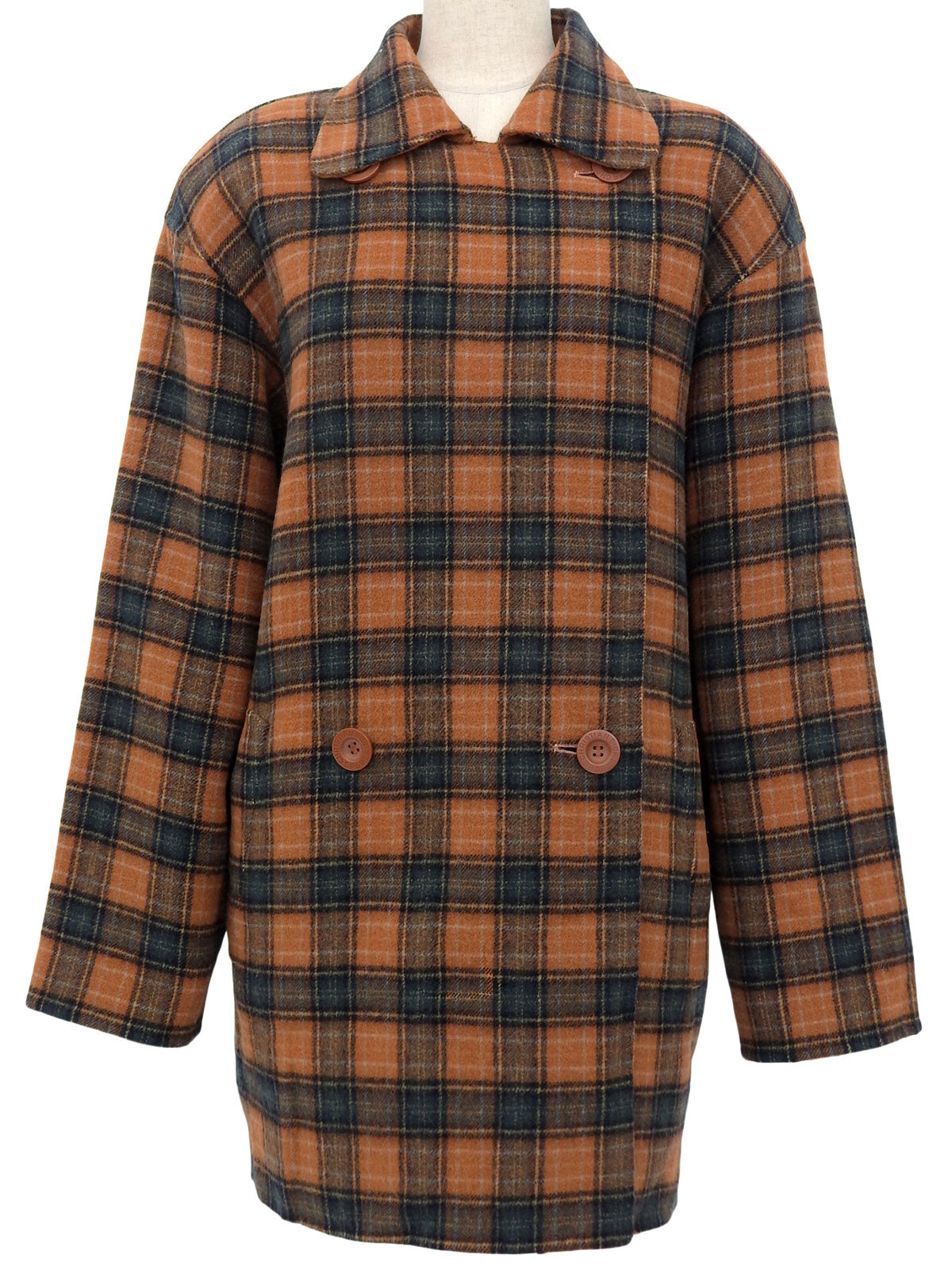 Wool check pattern coat in orange/green