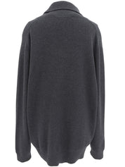Logo-embossed shawl neck knit sweater in charcoal gray