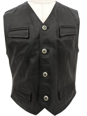 Real Leather Logo Button Vest in Black