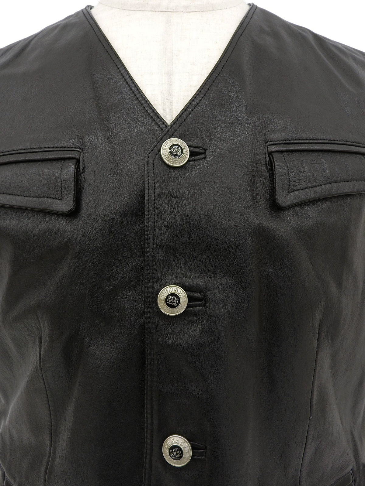 Real Leather Logo Button Vest in Black