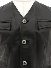 Real Leather Logo Button Vest in Black