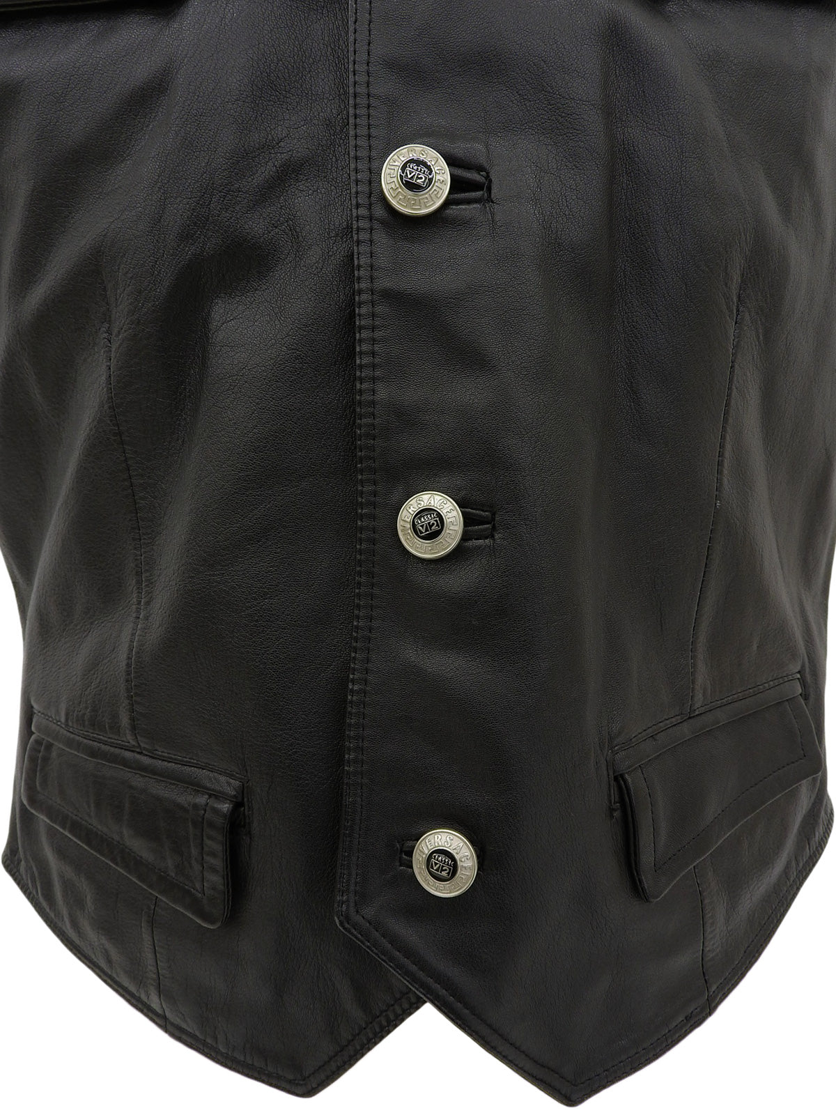 Real Leather Logo Button Vest in Black