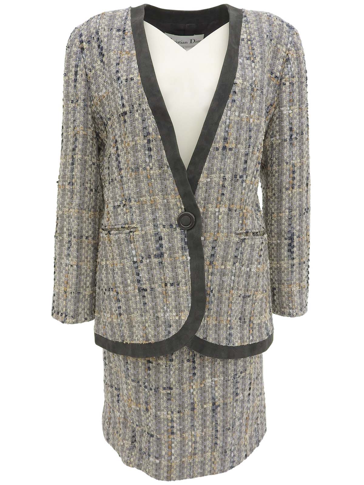 灰色/多色斜纹软呢无领套装