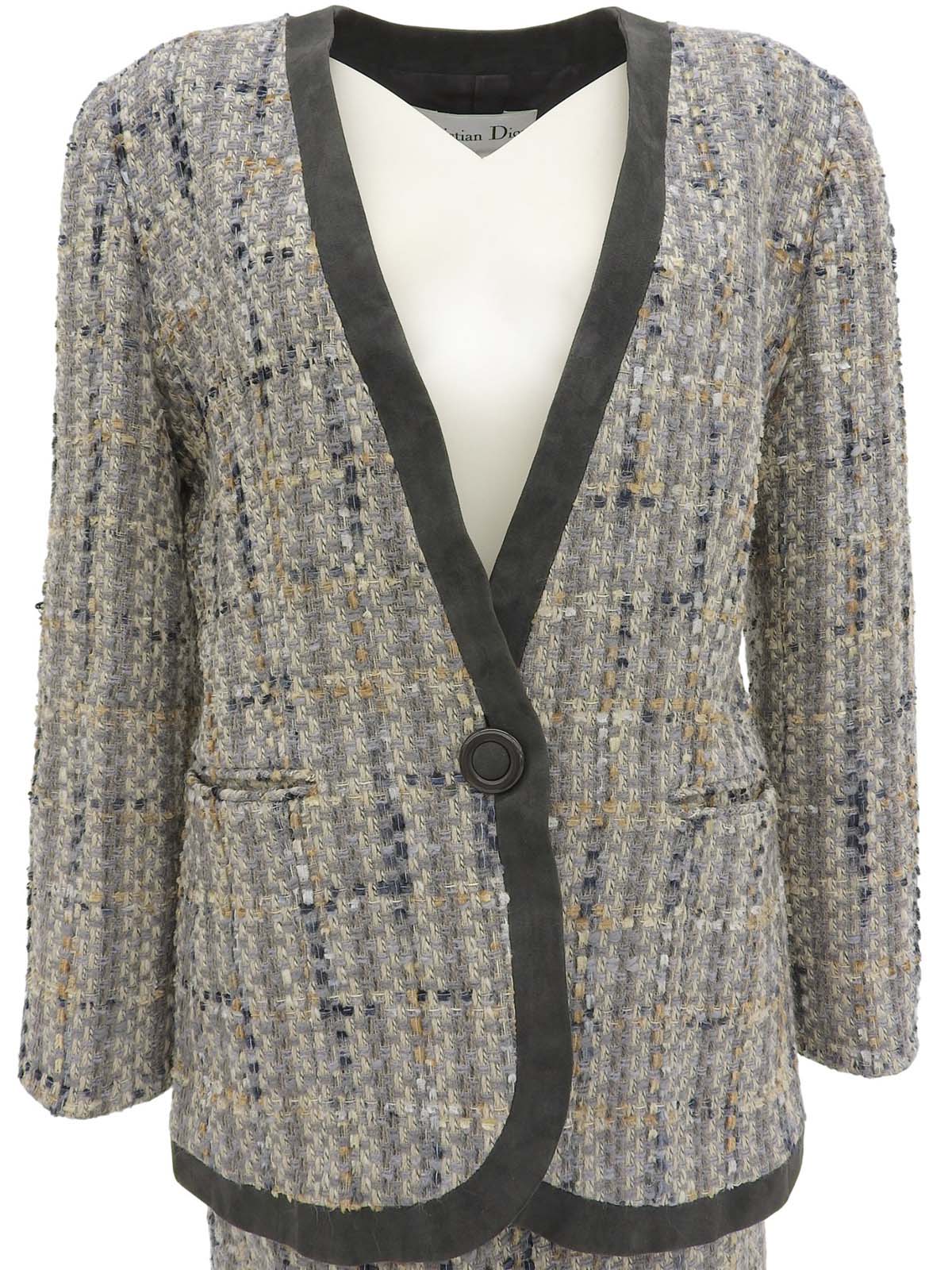 灰色/多色斜纹软呢无领套装