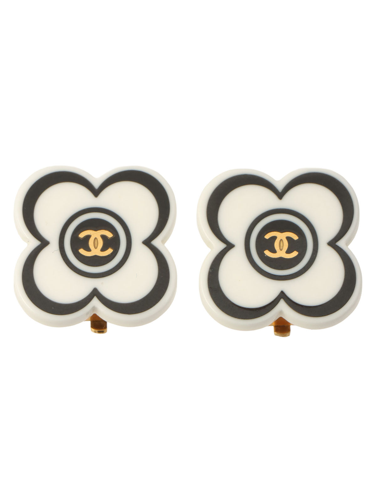 2002 Camellia Motif CC Mark Earrings White/Black