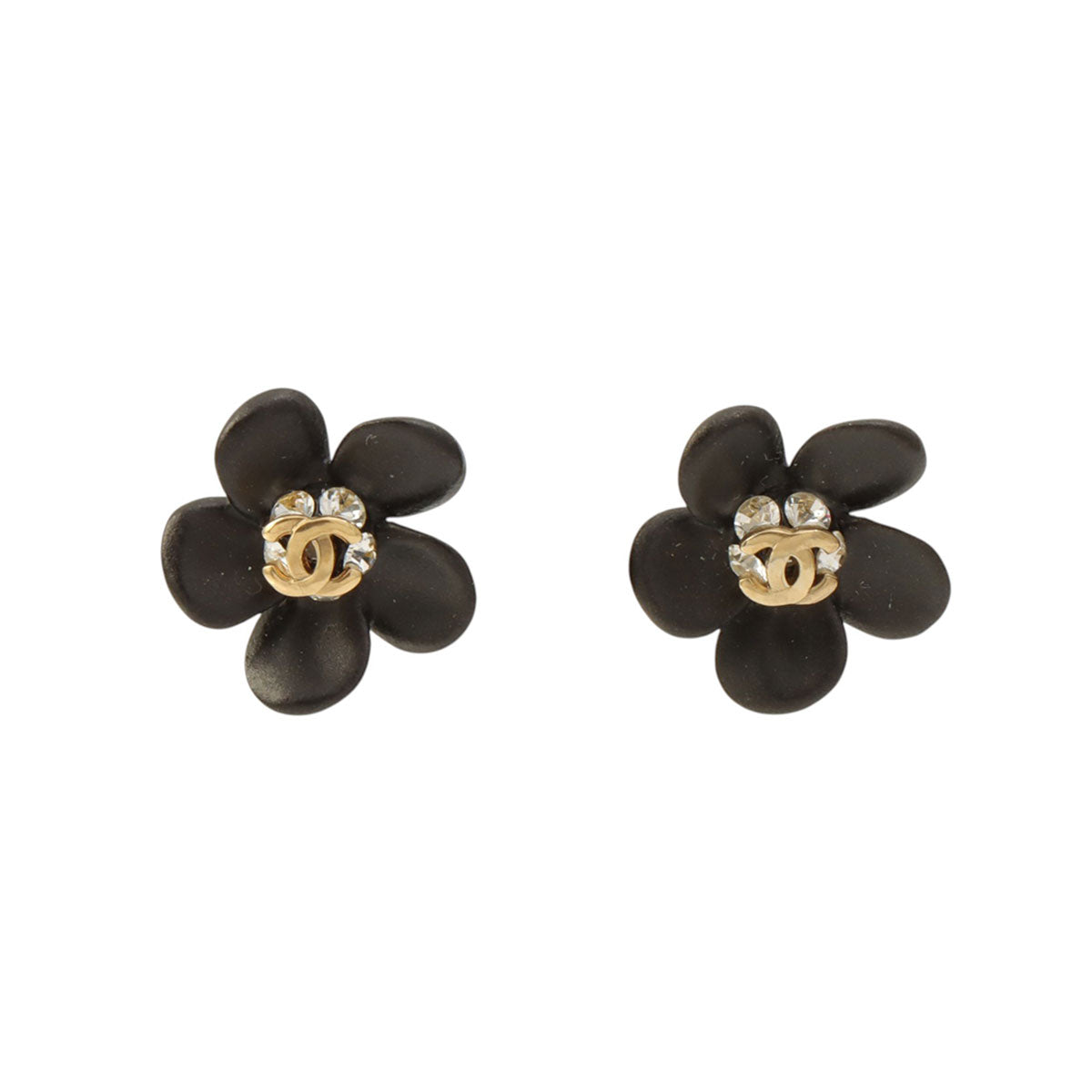 2002 Rhinestone Flower Motif CC Mark Earrings, Black