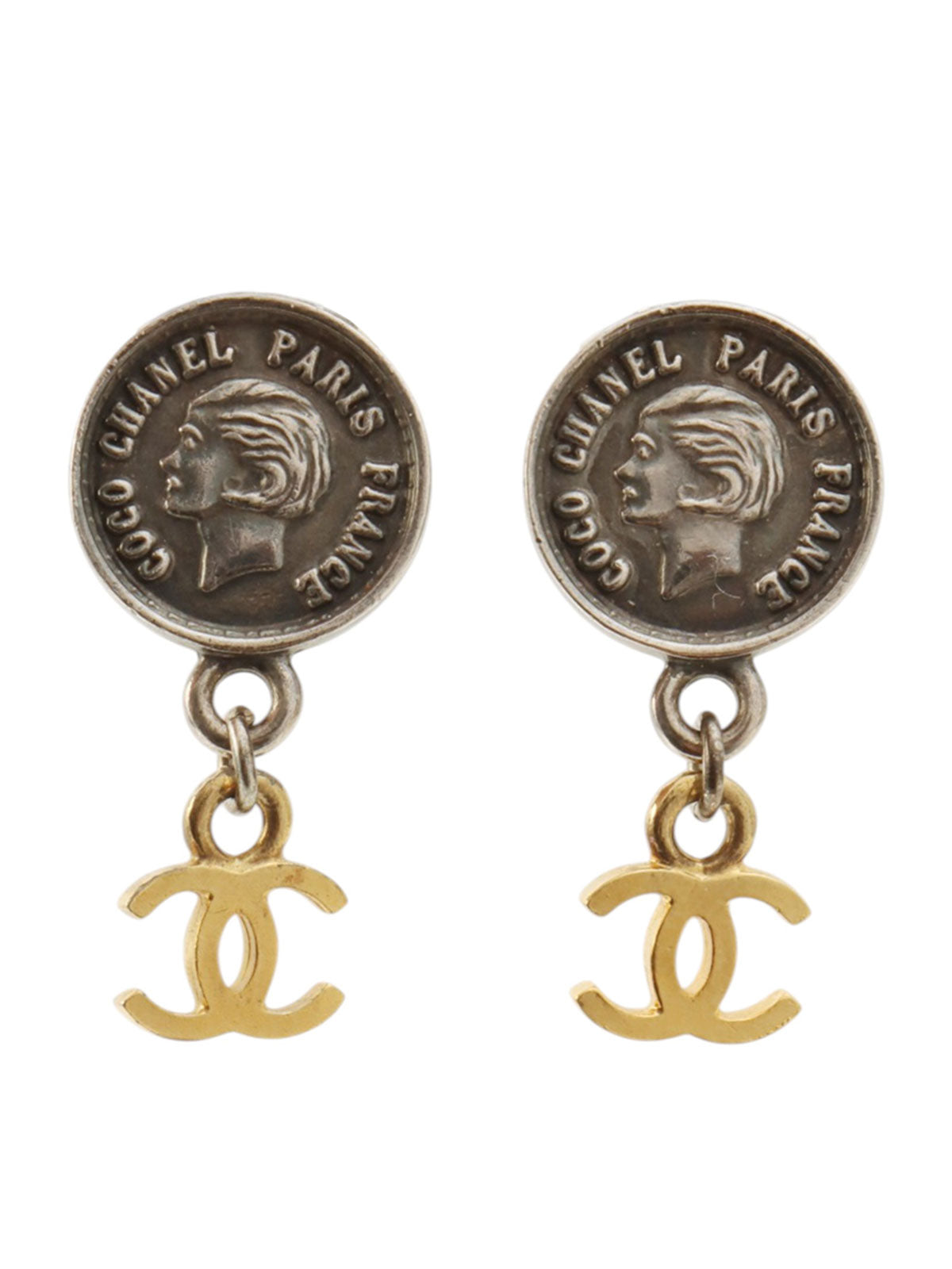 1996 Coin Motif CC Mark Earrings Silver/Gold