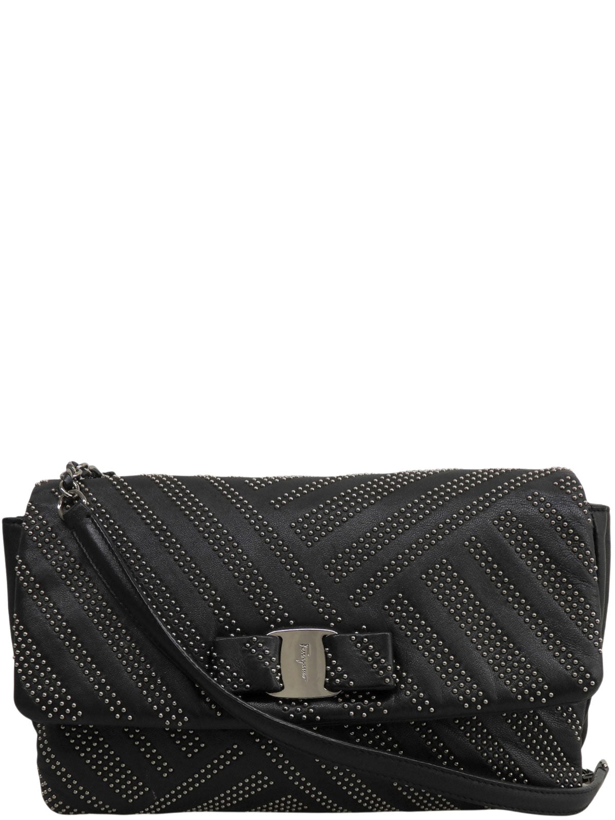 Studded Vara Ribbon Chain Shoulder Bag Black