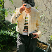 Tweed Sequin CC Mark Button Collarless Jacket Cream Yellow/Ivory