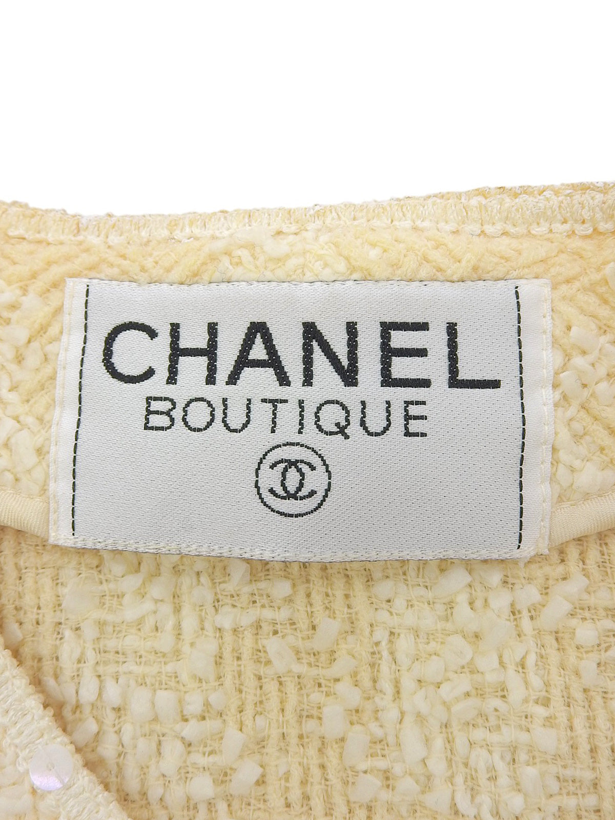 Tweed sequin CC mark button collarless jacket in cream yellow/ivory