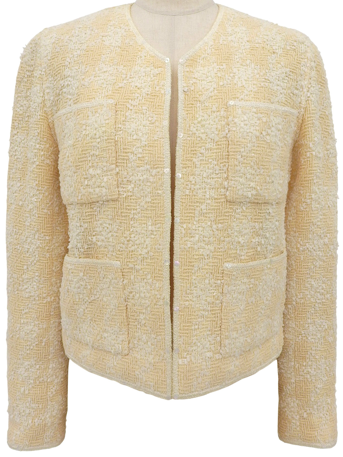 Tweed sequin CC mark button collarless jacket in cream yellow/ivory