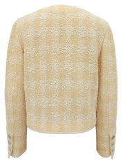 Tweed sequin CC mark button collarless jacket in cream yellow/ivory