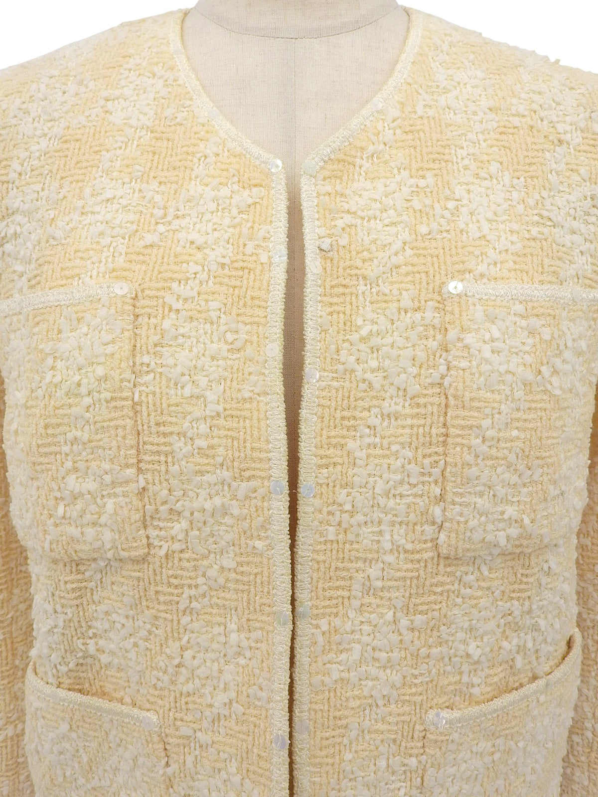 Tweed sequin CC mark button collarless jacket in cream yellow/ivory