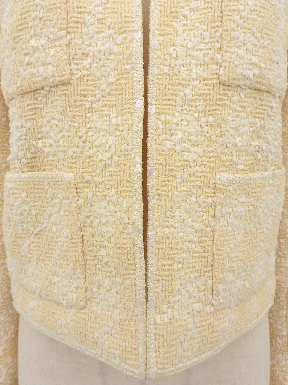 Tweed sequin CC mark button collarless jacket in cream yellow/ivory