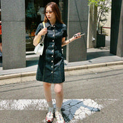 Denim CC Mark Button Short Sleeve Mini Dress #36 Indigo
