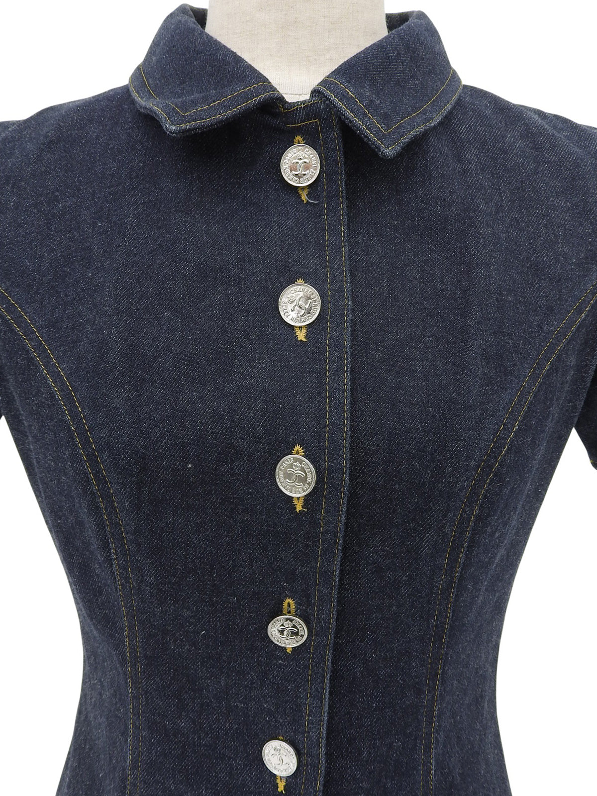 Denim CC Mark Button Short Sleeve Mini Dress #36 Indigo