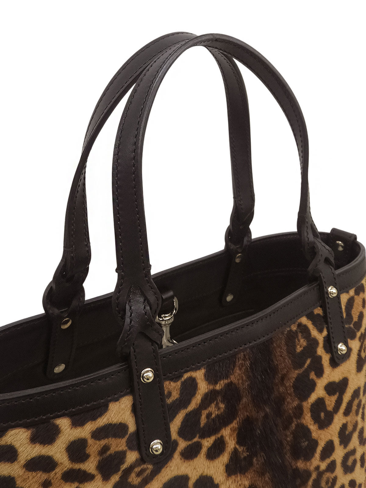 Calf hair leopard pattern handbag, brown/black