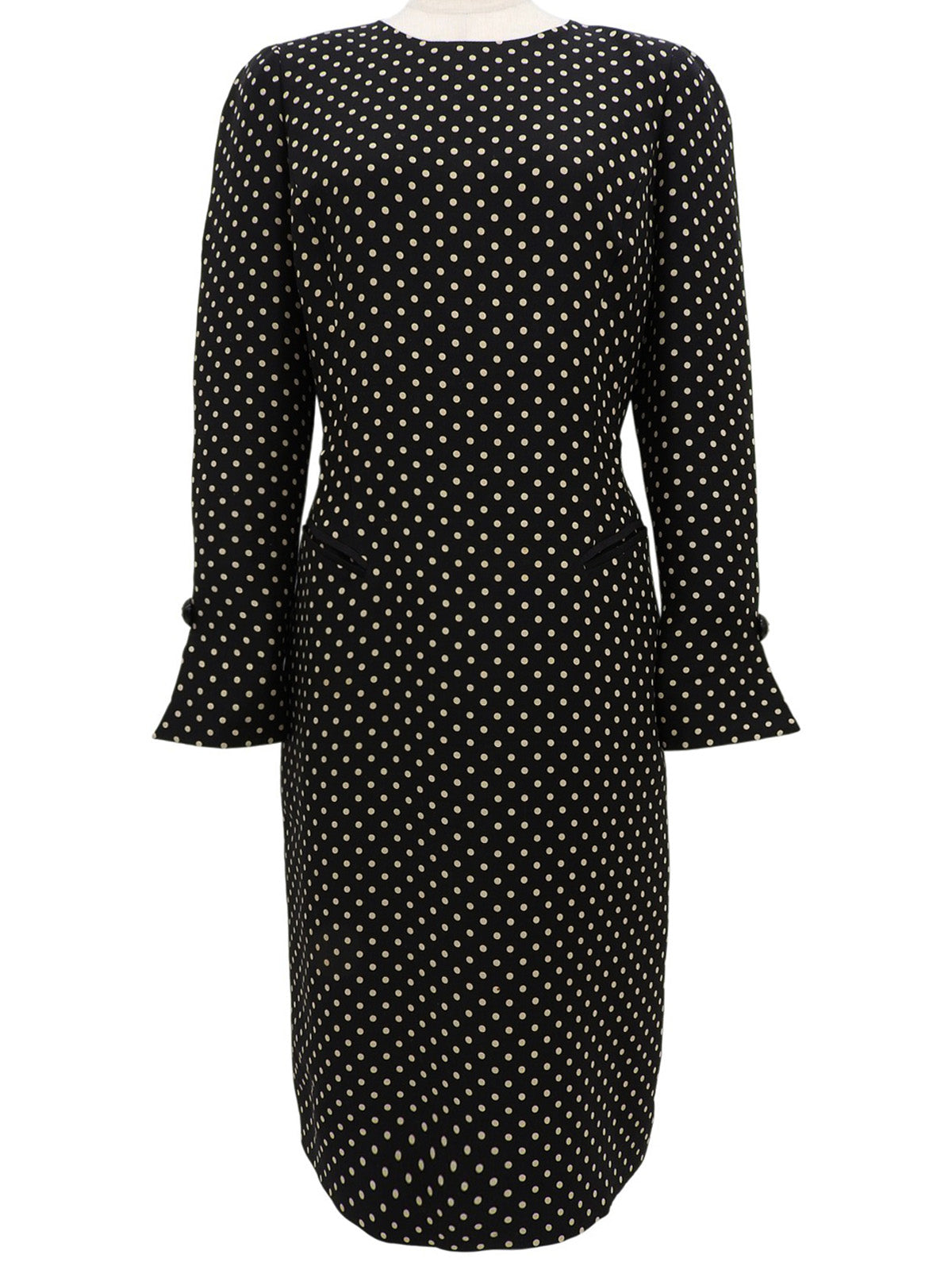 ドットパターン長袖ワンピース ブラック/ベージュ