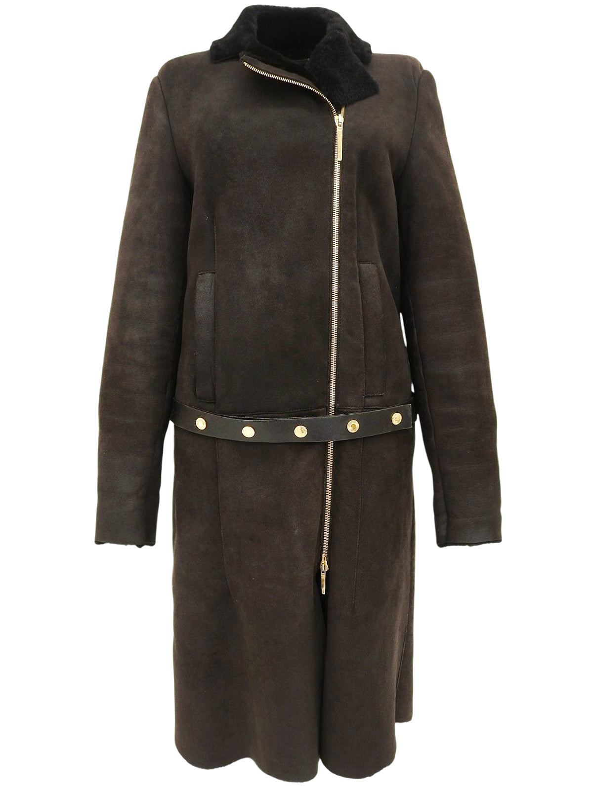 ムートンロゴジップアップロングコート ダークブラウン/ブラック