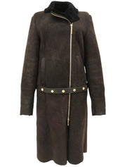 ムートンロゴジップアップロングコート ダークブラウン/ブラック