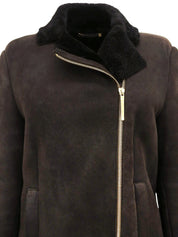 ムートンロゴジップアップロングコート ダークブラウン/ブラック