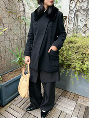 Fur Collar Logo Button Double-Breasted Coat in Black