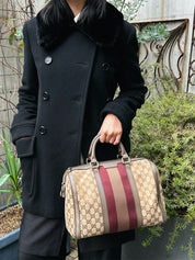 Fur Collar Logo Button Double-Breasted Coat in Black