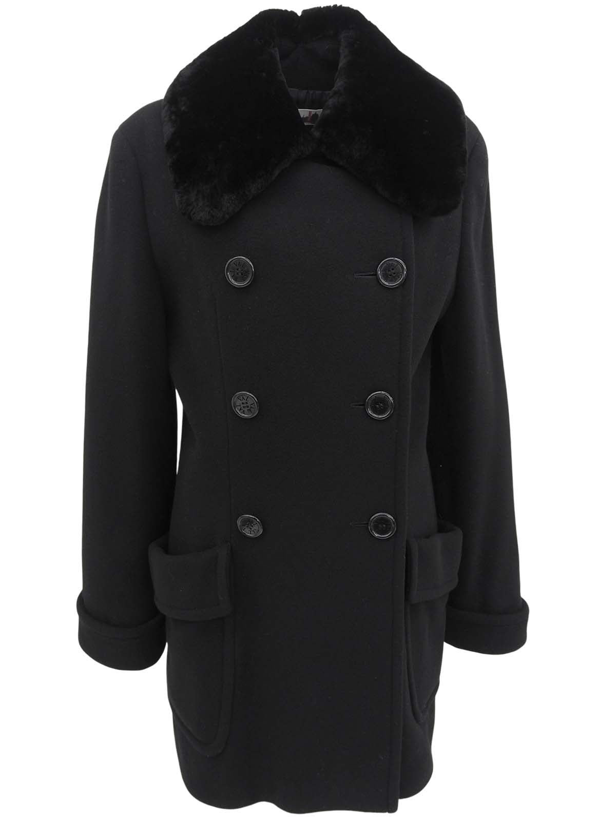Fur Collar Logo Button Double-Breasted Coat in Black