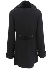 Fur Collar Logo Button Double-Breasted Coat in Black