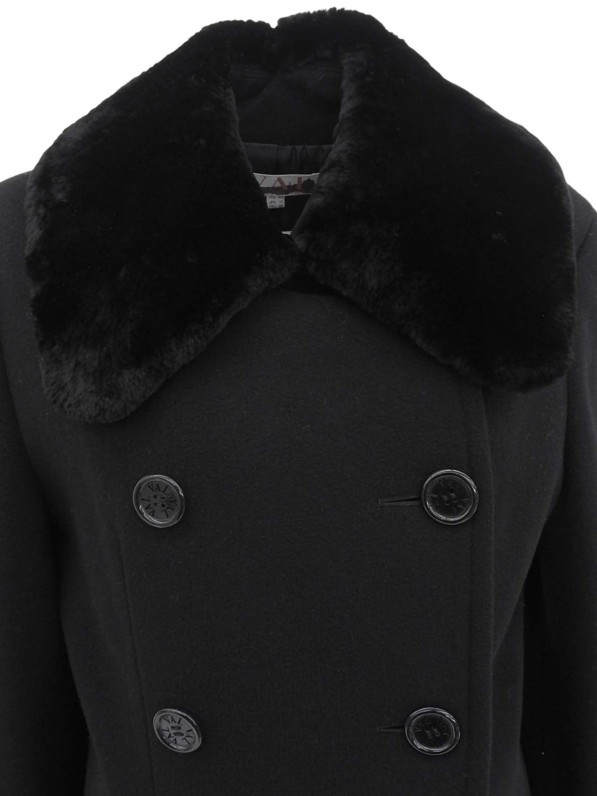 Fur Collar Logo Button Double-Breasted Coat in Black