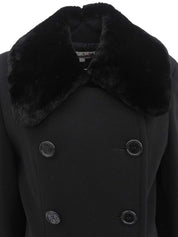 Fur Collar Logo Button Double-Breasted Coat in Black