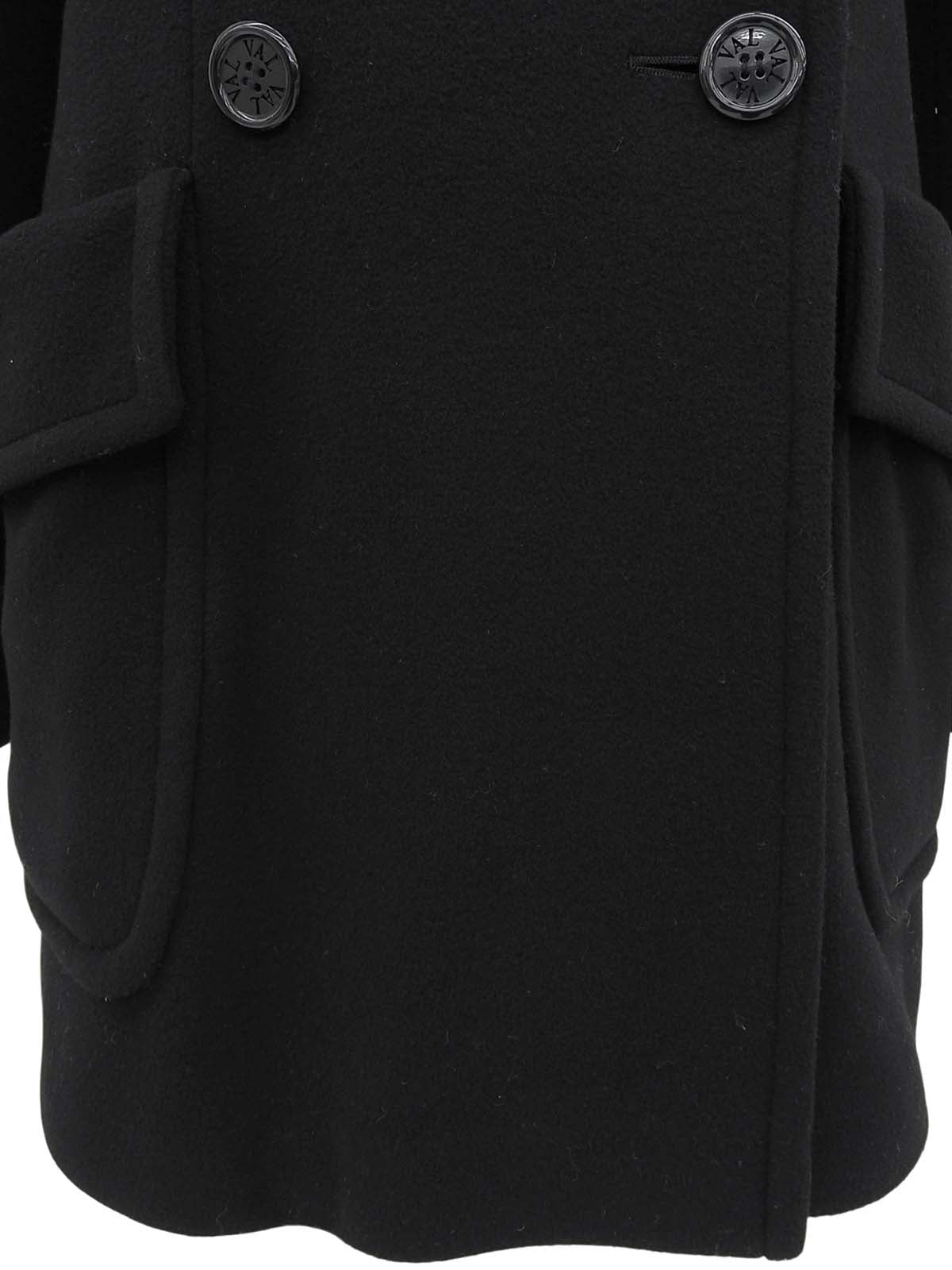 Fur Collar Logo Button Double-Breasted Coat in Black