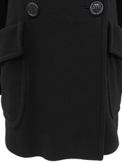 Fur Collar Logo Button Double-Breasted Coat in Black