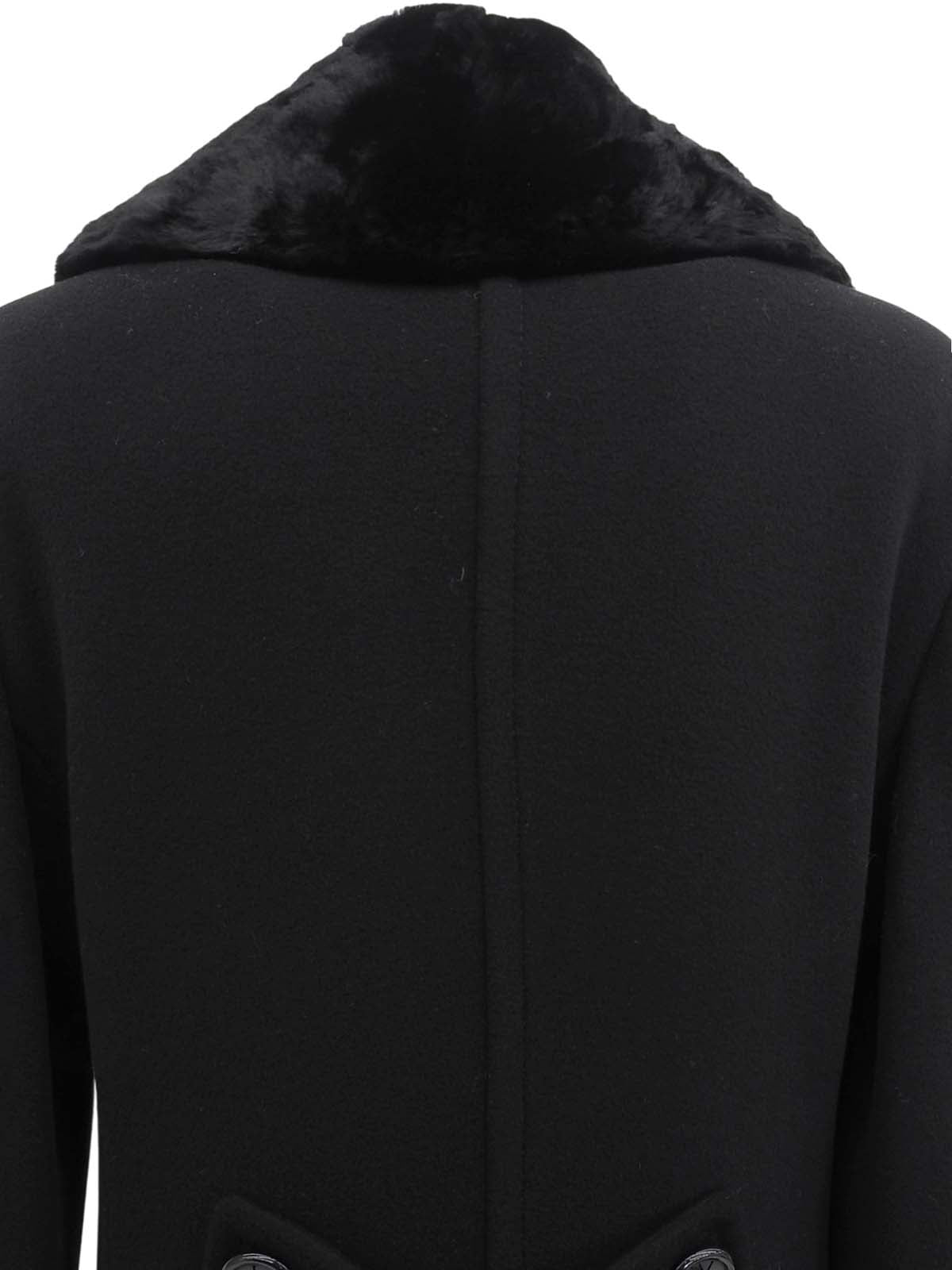 Fur Collar Logo Button Double-Breasted Coat in Black