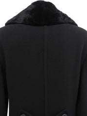 Fur Collar Logo Button Double-Breasted Coat in Black