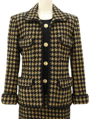 Houndstooth Pattern Clover Button Ensemble #36 Beige/Black