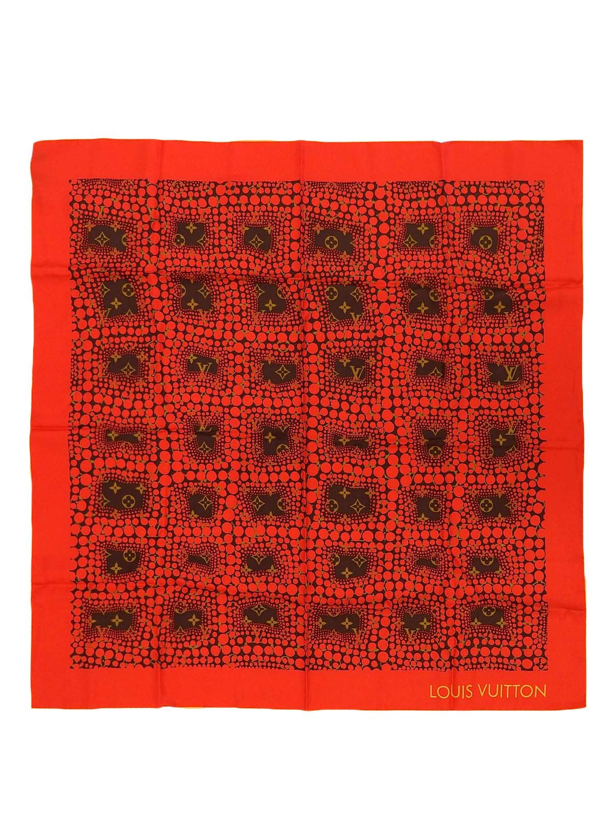 草間彌生コラボレーションシルクモノグラムパンプキンドットスカーフ ブラウン/レッド