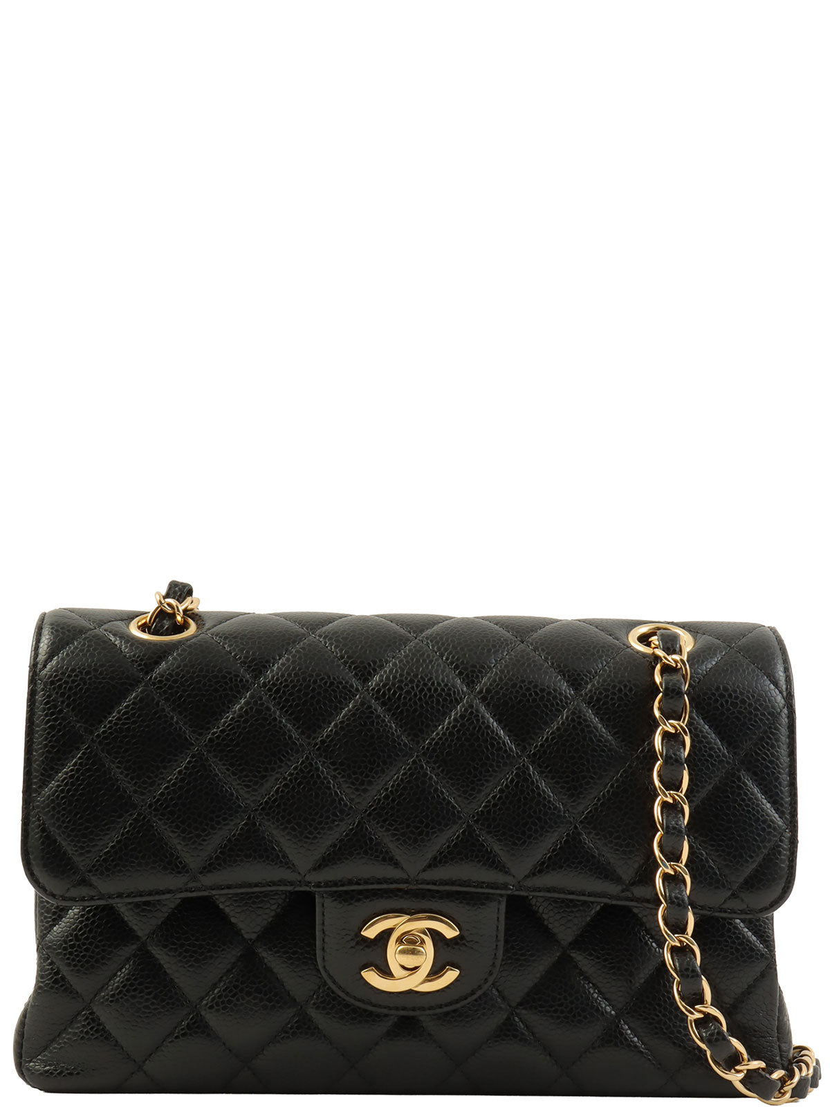 2021款鱼子酱纹经典翻盖链条包，23厘米，黑色