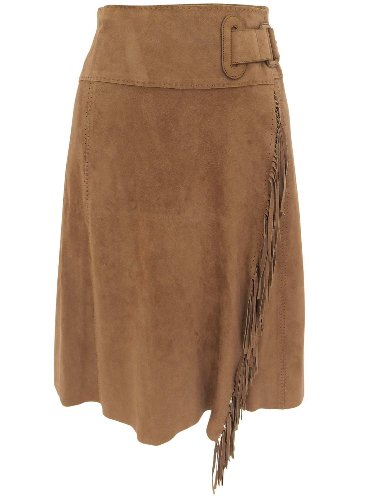 Suede Belted Fringe Skirt in Brown