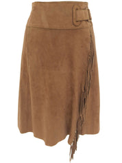 Suede Belted Fringe Skirt in Brown