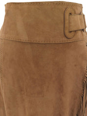 Suede Belted Fringe Skirt in Brown
