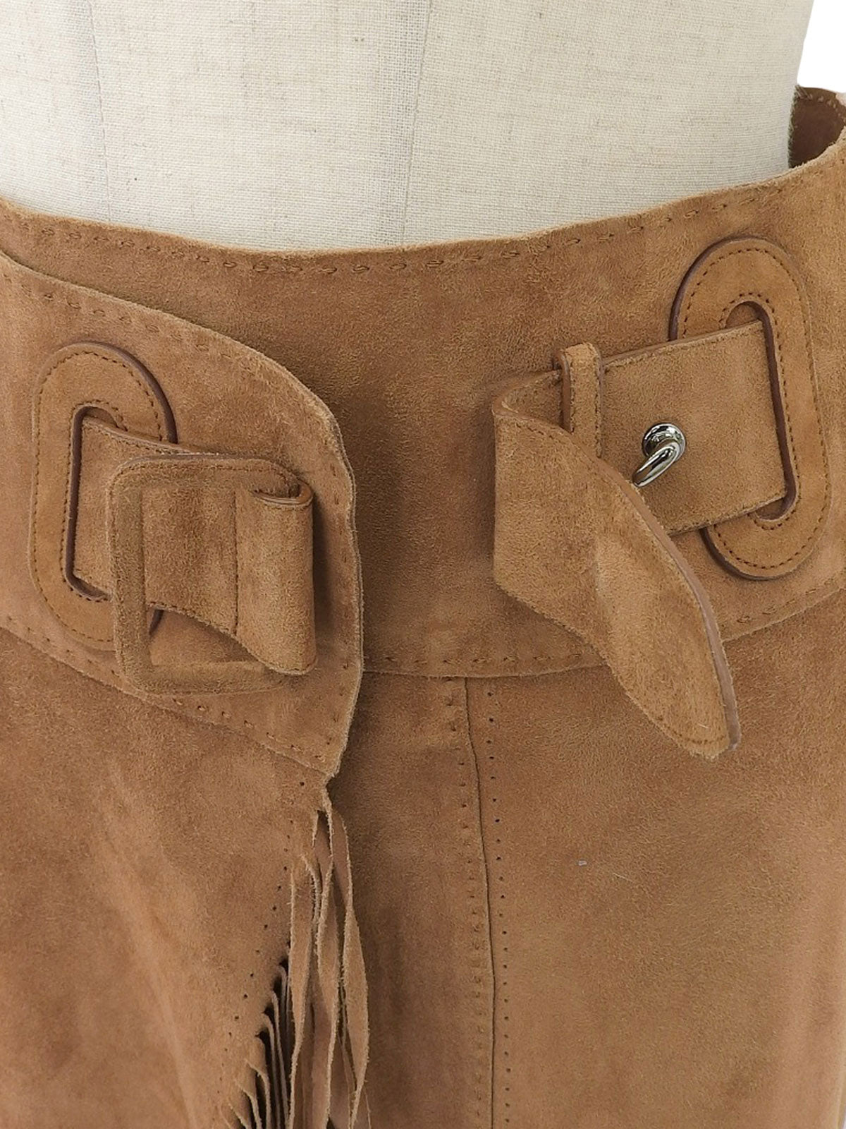 Suede Belted Fringe Skirt in Brown