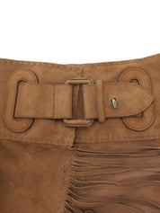 Suede Belted Fringe Skirt in Brown